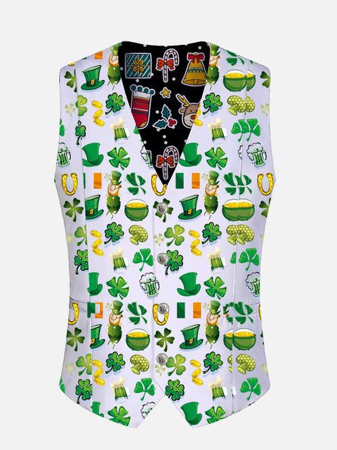 Holiday Elements St. Patrick's Day And Christmas Printing V-Neck Suit Vest/Tuxedo Waistcoat And Tie, Can be Worn on Both Sides