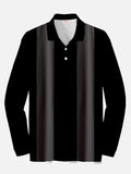 Retro Black & DimGray Stripe Printing Men‘s Long Sleeve Polo