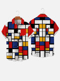 Full-Print Abstract Mondrian Checkered Printing Men's Short Sleeve Shirt