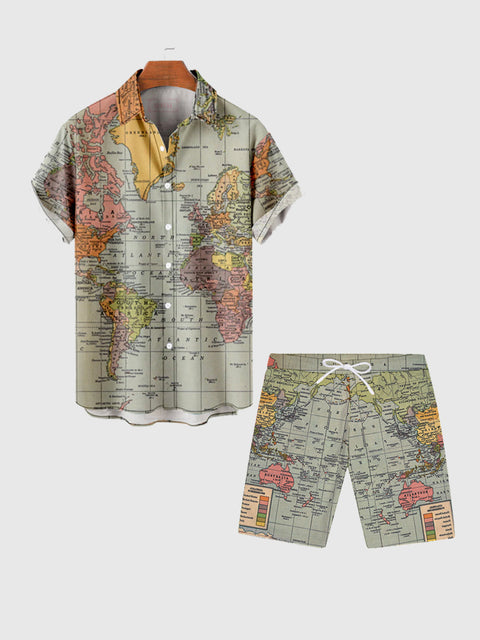Mercator Projection Green World Map Printing Men's Short Sleeve Shirt