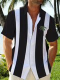 Vacation Style Black And White Striped Coconut Tree Printing Short Sleeve Shirt