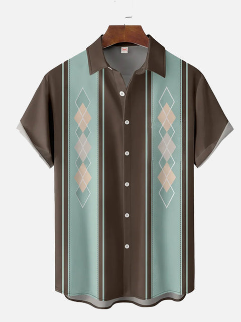 Vintage 50s Linear Geometric Rhombus Pattern Brown Stripes Printing Short Sleeve Shirt