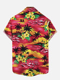 Psychedelic Vintage Red Sunset And Hawaiian Island Printing Breast Pocket Short Sleeve Shirt