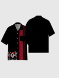 Retro Christmas Elements Black And Red Striped Stitching Goblet Printing Cuban Collar Men's Short Sleeve Shirt