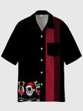 Retro Christmas Elements Black And Red Striped Stitching Goblet Printing Cuban Collar Men's Short Sleeve Shirt