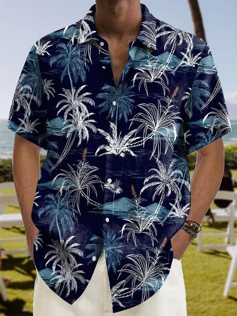 Blue Resort-style Island Coconut Trees Printing Casual Hawaiian Short Sleeve Shirt
