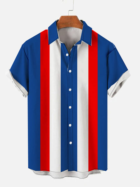 Chemise à manches courtes vintage bleu et rouge et blanc pour hommes
