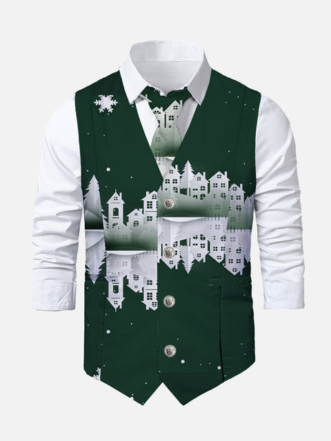 Green Ice World Castle Printing V-Neck Suit Vest/Tuxedo Waistcoat And Tie, Can be Worn on Both Sides