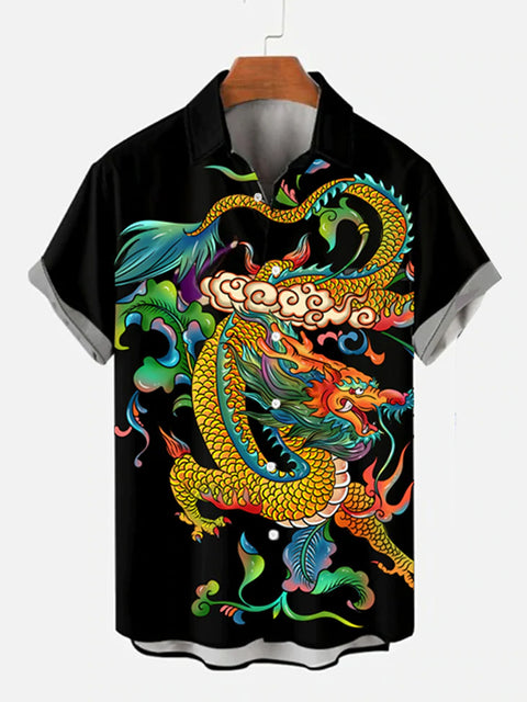 Chemise à manches courtes pour homme avec impression de dragon chinois et de phénix