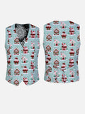 Christmas Elements LightCyan Candy Snow House Printing V-Neck Suit Vest/Tuxedo Waistcoat And Tie, Can be Worn on Both Sides