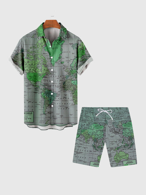 Green Vintage World Map Printing Men's Shorts