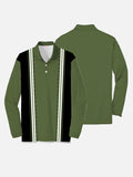 Vintage Green, Black And White Stripe Printing Men‘s Long Sleeve Polo