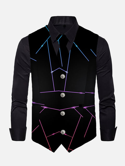 Futuristic Technology Sense Lines Printing V-Neck Suit Vest/Tuxedo Waistcoat And Tie, Can be Worn on Both Sides