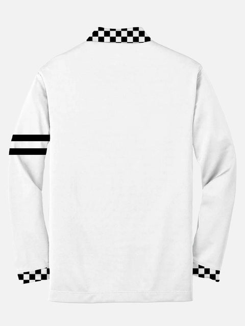 Black & White Colorblock Checked And Stripes Sports Men‘s Long Sleeve Polo