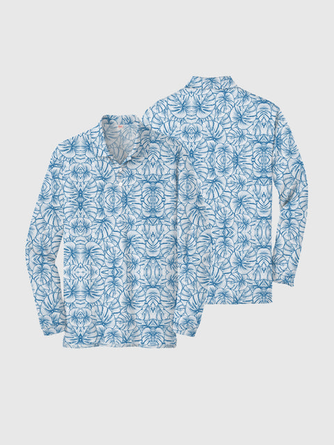 Fashionable and Comfortable Blue Leaves Printing Men‘s Long Sleeve Polo
