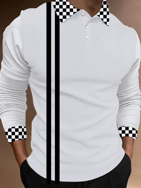 Black & White Colorblock Checked And Stripes Sports Men‘s Long Sleeve Polo