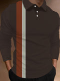 Casual Autumn Winter Turndown Neck Brown And Stripe Printing Men‘s Long Sleeve Polo