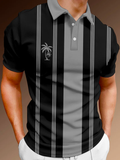 Vintage Gray Black Stripes Palm Tree Printing Men‘s Short Sleeve Polo