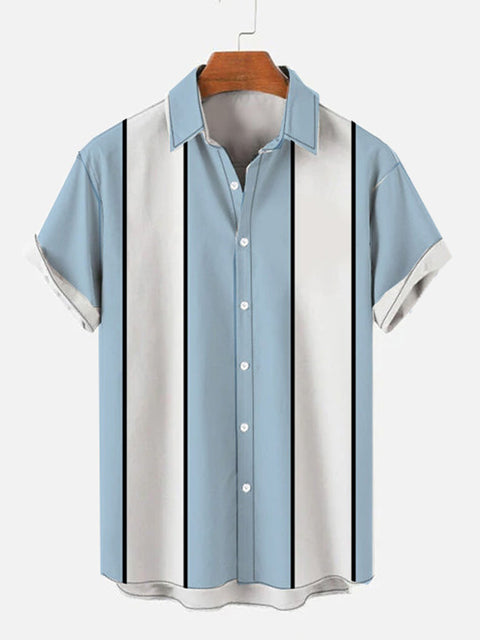 50s LightBlue & White Stitching Printing Camp Men's Short Sleeve Shirt