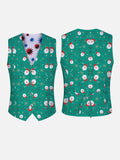 Christmas Elements Green Santa Claus And Geometric Pattern Printing V-Neck Suit Vest/Tuxedo Waistcoat And Tie, Can be Worn on Both Sides