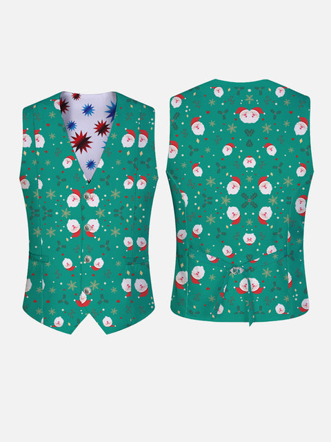 Christmas Elements Green Santa Claus And Geometric Pattern Printing V-Neck Suit Vest/Tuxedo Waistcoat And Tie, Can be Worn on Both Sides