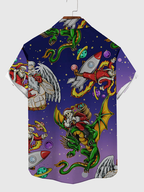Summer Christmas Santa Claus and Dragon, Rocket, Angel Wings Printing Men's Short Sleeve Shirt