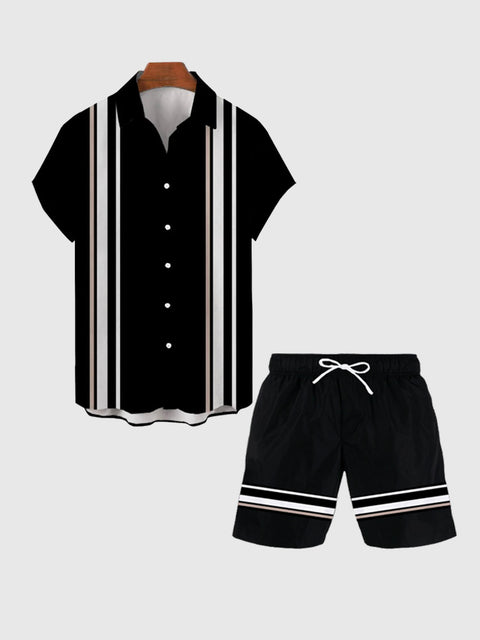 Vintage White Stripe Turndown Collar Button Down Men's Short Sleeve Shirt