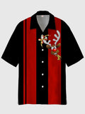 Christmas Elements Retro Trendy Red And Black Matching Cartoon Elk Printing Cuban Collar Men's Short Sleeve Shirt