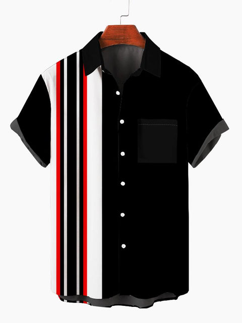1960s Shirt Stripe Patchwork Button Down Men's Short Sleeve Shirt